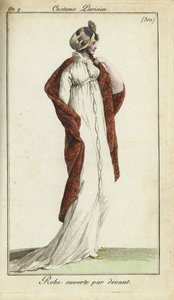 Fashionable woman in straw hat, dress and shawl