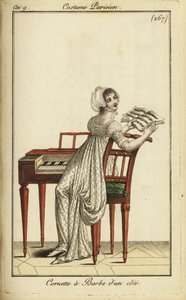 Fashionable woman playing a harpsichord
