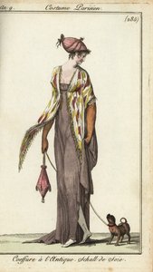 Fashionable woman walking her toy dog