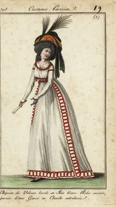 Fashionable woman with fan in huge hairstyle and hat by French School