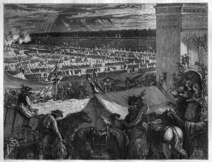 Feast of the Federation at the Champ de Mars in Paris on the first anniversary of the capture of the Bastille on 14 July 1790. Engraving in 