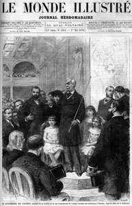 Ferdinand de Lesseps surrounded by his family and travelling companions, recounting his trip to Panama in the Salle de la Sorbonne. Cover of the 