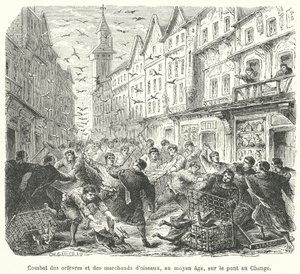 Fight between goldsmiths and merchants selling birds on the Pont au Change, Paris, in the Middle Ages by French School