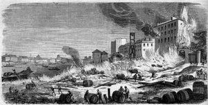 Fire of Bercy wine warehouses on 5 August 1860. Engraving in Le Monde Illustré n°174 of 11 August 1860. by French School