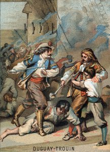 First feat of Rene Duguay Trouin (Duguay-Trouin) (Rene Trouin du Gue dit) (1673-1736), French sailor: Duguay - Trouin combattant Wassenaer (1695). Chromolithography of the Series Patriotic Education through Image by French School