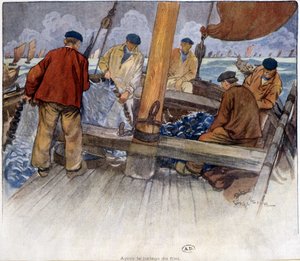 Fishermen Emptying a Net on Board by French School