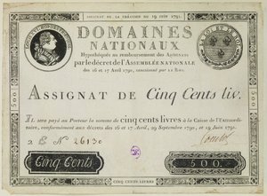 Five hundred livres banknote, 19th June 1791 by French School