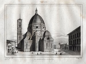 Florence Cathedral - View of the Cathedral of Florence (Duomo Santa Maria del Fiore). The dome was made by Filippo Brunelleschi around 1420-1436, Florence, Italy - Engraving from “Italy Picturesque” - Historical and Descriptive Table of Italy by M. de by French School