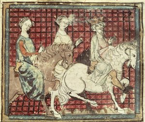 Chilperic I (543-97) and Fredegonde on Horseback, from the Grandes Chroniques de France, 1375-79