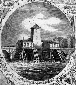 Fountain of Paris: view of the Pompe Notre Dame (1676). This hydraulic pump was demolished in 1858. Engraving in 