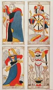 Four tarot cards depicting The Hermit, The Wheel of Fortune, Temperance and The Devil