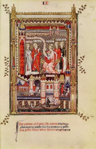 St. Saintin and St. Antonin, being urged to write the story of the life of St. Denis, from Vie de St. Denis, 1317 by French School