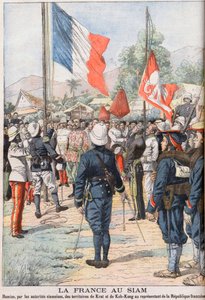 France taking over the territories of Krat and Koh-Kong, Siam after the Treaty of 1904 agreed between the Siamese and the French. Illustration for Le Petit Journal, February 1905
