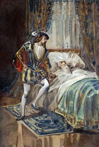 Francis I, King of France, receives the last sighs of Leonardo da Vinci at Clos Lucé. Chromolithograph around 1890 by French School