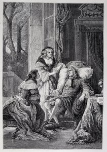Francois de la Rochefoucauld (1613-1680) talking with Mademoiselle de Sevigne (Marie de Rabutin-Chantal), Marquise de Sevigne (1626-1696) and Marie-Madeleine Pioche de La Vergne, Countess de Lafayette by French School