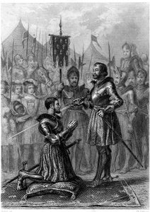 François 1st, armed knight after the Battle of Marignan (1515) (engraving) by French School