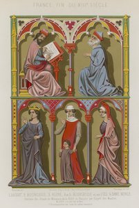 French 13th-century images of a scientist, bourgeois, a queen, bourgeoise and her son, and a noblewoman by French School