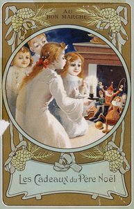 French Christmas card showing girls with a candle on Christmas Eve by French School