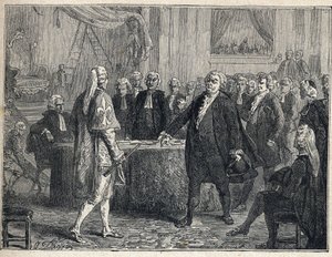 French Revolution - General Assembly on 23/06/1789: Honore Gabriel Riqueti, Count of Mirabeau (1749-1791) addressing Henri Evrard, Marquis of Dreux Breze (1762-1829). Engraving from 1889. Private collection by French School