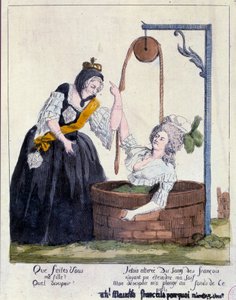 French Revolution: Cartoon against Queen Marie Antoinette (1755-1793) fell to the bottom of a well for wanting to quench her thirst for French blood