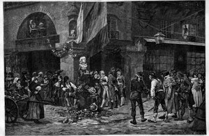 French Revolution: The bust of Marat at the pillar of the Halles (engraving) by French School