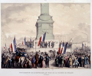 French Revolution of 1848: proclamation of the Second Republic at the foot of the July column on Place de la Bastille on 25/02/1848. Lithograph of the 19th century. Paris, Musee Carnavalet by French School