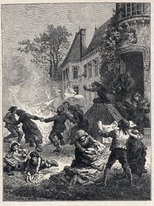 French Revolution: the peasants burned their feudal titles and danced around the fire to celebrate the abolition of privileges in August 1789. Engraving from 1889. Private collection