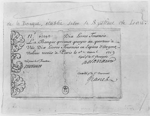 French banknote for ten pounds from the Law Bank, dated 1st April 1719 by French School