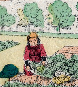 French belief: A little girl, believing that babies are born in cabbage or roses, cuts the sprouts of a vegetable garden - Epinal picture - 19th century