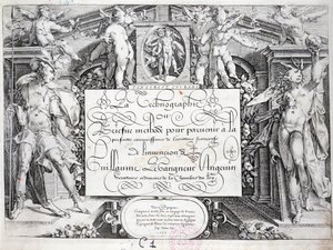 French calligraphy: Technography, frontispiece by Guillaume the Gangneur around 1599. Historical library of the city of Paris