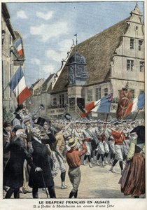French flag floating again in the streets of Molsheim, Alsace, during sports fair in Le Petit Journal of July 4