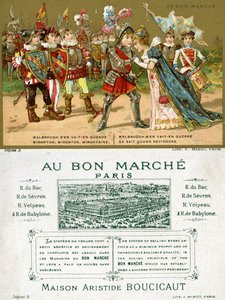 Front and reverse of a promotional card for the Parisian Department Store Au Bon Marché, depicting one of the most popular folk songs in the French language, Marlbrough sen va-t-en guerre