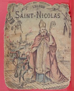 Front cover of a picture album depicting St. Nicholas bringing presents to the children, late 19th century