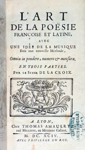 Frontispiece of The art of French and Latin poetry, with an idea of music under a new method by Pherotee La Croix