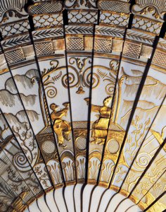 Full Rib Brise Hand Fan with Chinoiserie in Ivory, Gold Sequins and Ribbon and Silk Satin Piping by French School