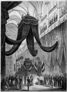 Funeral of Esprit Victor Elisabeth Boniface de Castellane, French marshal: Catafalque of the deceased during the religious ceremony celebrated in the cathedral of Lyon, Rhone by French School