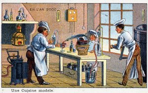 Futuredays: A Nineteenth Century Vision of the Year 2000 Series: A model kitchen. Chromolithography by Villemard