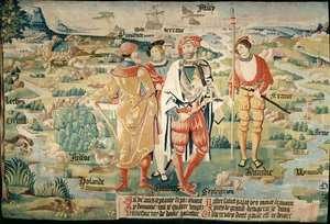 Galathes, 11th King of the Gauls with a map of Gaul behind, detail from a tapestry on the history of the Kings of the Gauls, Arras Workshop, c.1530