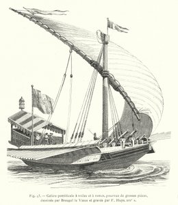 Pontifical galley with sails and oars, equipped with large pieces, drawn by Breugel the Elder and engraved by F Huys, 16th century by French School