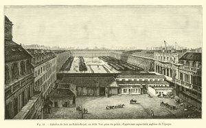 Wooden galleries at the Palais-Royal, in 1828, view taken from the palace, after an English aquatint of the time by French School