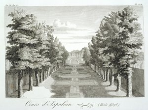 Gardens at Tshehar-Bagh, Isfahan, from Voyages du Chevalier Chardin en Perse, et autres Lieux de lOrient, by Jean Chardin, published 1811