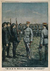 General Petain inspecting the 42nd Mountain Infantrymen Regiment, and what if I give you the Legion of Honour, back cover illustration from Le Petit Journal, supplement illustre, 23rd September 1917