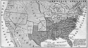 Geographic map of the United States of America in March 1861. Slavery states are represented in the run. Written in white, the names of the seven confederate states that separated from the Union: Texas, South Carolina, Mississippi, Florida, Alabama, Georgi by French School