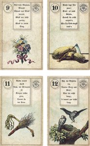 German edition of the Lenormand French cartomancy deck: The Flowers, The Scythe, The Birch-rod, The Whip, The Birds, published by Dondorf, Frankfurt, 19th Century