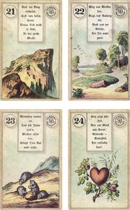 German edition of the Lenormand French cartomancy deck: The Mountain, The Road, The Mice, The Heart, published by Dondorf, Frankfurt, 19th Century by French School