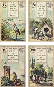 German edition of the Lenormand French cartomancy deck: The Stork, The Dog, The Tower, The Garden, published by Dondorf, Frankfurt, 19th Century by French School