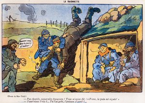 German soldier captured by French soldiers as a result of a trick, cartoon from the April Fools Day edition of La Baionette magazine, 29 March 1917