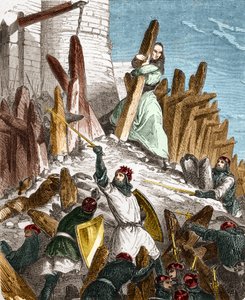 War against Hugues du Puiset by Louis the Fat: Attack of the Chateau du Puiset (located in the department of Eure-et-Loir) by the forces of the King of France Louis VI the Fat in 1118. Engraving in "Histoire De France En Cent Paintings by Paul Lehugeur by French School