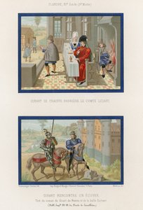 Girart sits by a fire behind Count Liziart and Girart meets a squire by French School