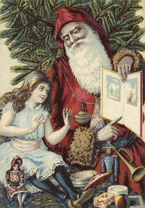 Girl being shown illustrated book by Father Christmas by French School